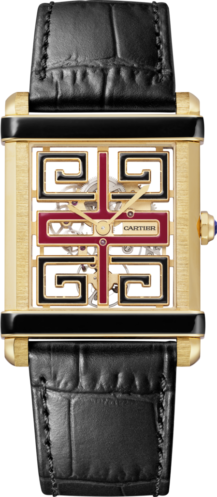 Tank Chinoise 腕錶大型款，手動上鏈鏤空機械機芯，黃金，皮革