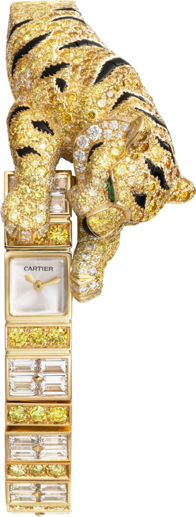 Joaillière Panthère 腕錶26.98 x 8毫米，手動上鏈機械機芯，黃金，鑽石，祖母綠，縞瑪瑙