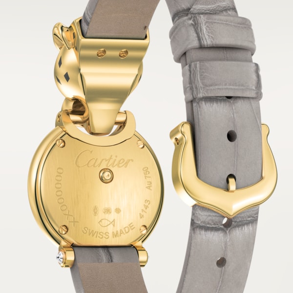 La Panthère de Cartier 腕錶 小型款，石英機芯，18K黃金，鑽石，沙弗萊石，亮漆，皮革