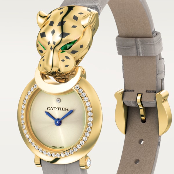 La Panthère de Cartier 腕錶 小型款，石英機芯，18K黃金，鑽石，沙弗萊石，亮漆，皮革