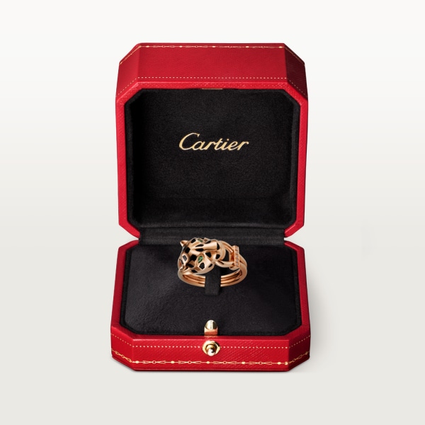 Panthère de Cartier 戒指 18K玫瑰金，沙弗萊石榴石，縞瑪瑙，黑色亮漆，鑽石