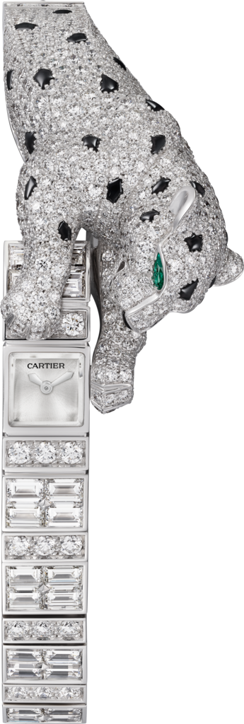 Joaillière Panthère 腕錶26.98 x 8毫米，手動上鏈機械機芯，白色黃金，鑽石，祖母綠，黑色縞瑪瑙