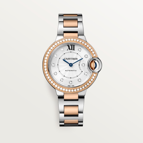 Ballon Bleu de Cartier 腕錶 33毫米，自動上鏈機械機芯，18K玫瑰金，精鋼，鑽石