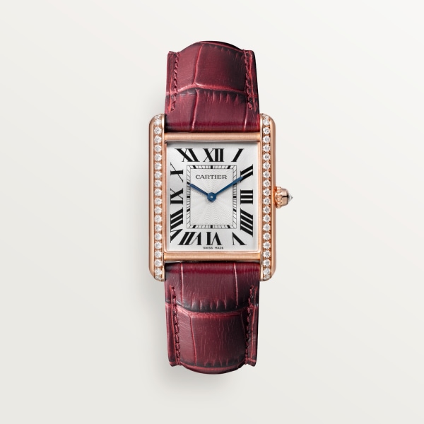 Tank Louis Cartier watch Large model, hand-wound mechanical movement, rose gold, diamonds, leather