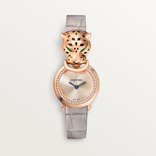 La Panthère de Cartier 腕錶 小型款，石英機芯，18K玫瑰金，鑽石，皮革