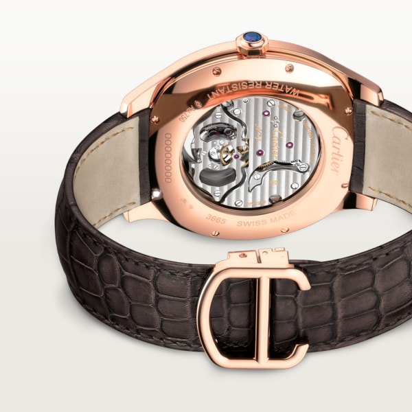 Drive de Cartier 浮動式陀飛輪腕錶 大型款，手動上鏈機械機芯，18K玫瑰金，皮革