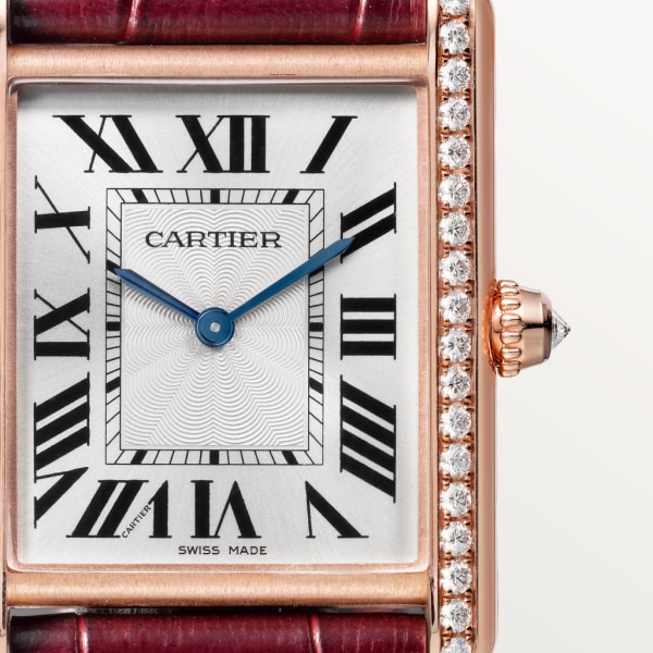 Tank Louis Cartier watch Large model, hand-wound mechanical movement, rose gold, diamonds, leather