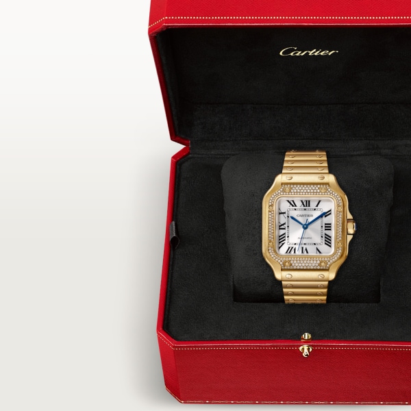 Santos de Cartier 腕錶 中型款，自動上鏈機械機芯，18K黃金，鑽石，可更換式金屬錶鏈及皮革錶帶