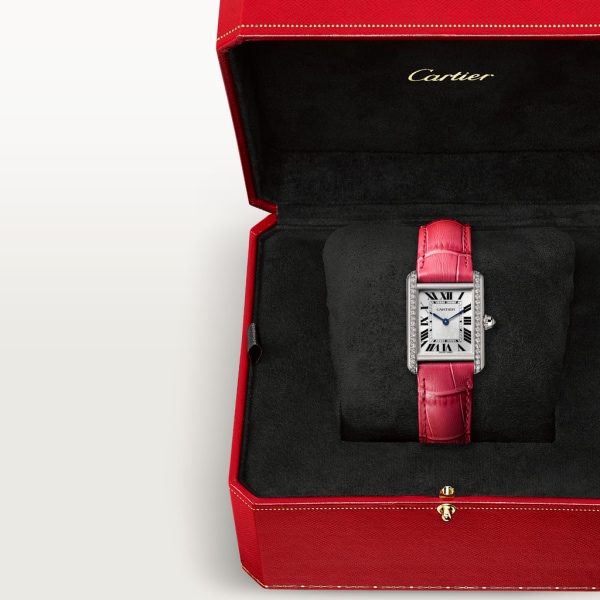 Tank Louis Cartier 腕錶 小型款，手動上鏈機械機芯，18K白色黃金，鑽石，皮革