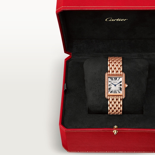 Tank Louis Cartier 腕錶 小型款，手動上鏈機械機芯，18K玫瑰金，鑽石