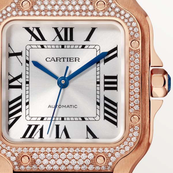 Santos de Cartier 腕錶 中型款，自動上鏈機械機芯，18K玫瑰金，鑽石，2條可更換式皮革錶帶