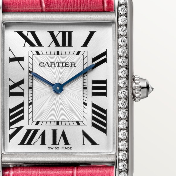 Tank Louis Cartier 腕錶 大型款，手動上鏈機械機芯，18K白色黃金，鑽石，皮革