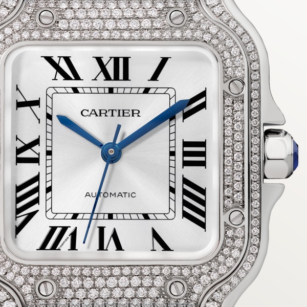 Santos de Cartier watch Medium model, automatic movement, white gold, diamonds, 2 interchangeable leather bracelets