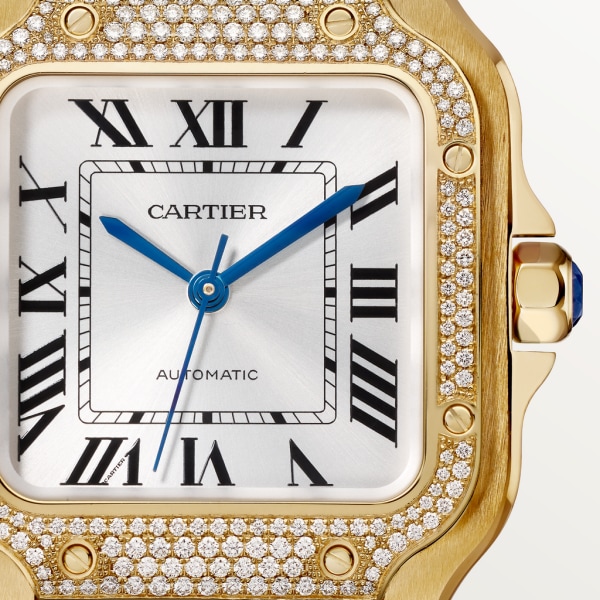 Santos de Cartier 腕錶 中型款，自動上鏈機械機芯，18K黃金，鑽石，可更換式金屬錶鏈及皮革錶帶