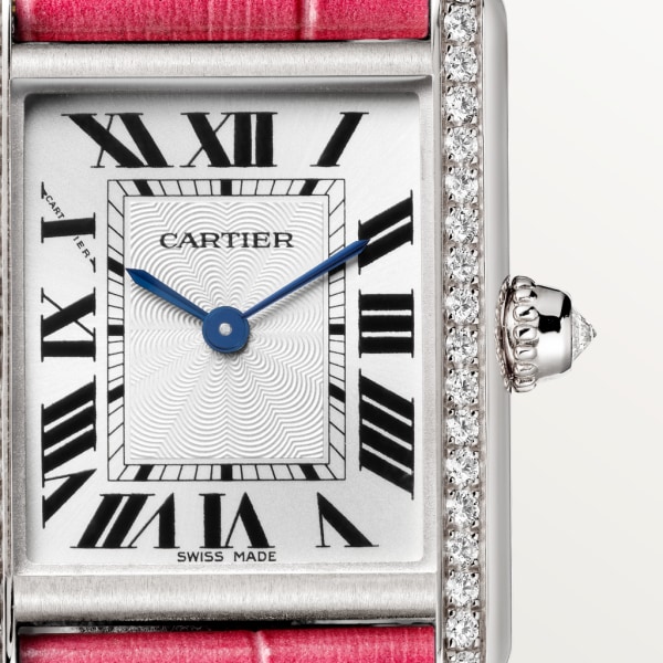 Tank Louis Cartier 腕錶 小型款，手動上鏈機械機芯，18K白色黃金，鑽石，皮革