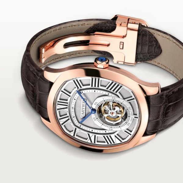 Drive de Cartier 浮動式陀飛輪腕錶 大型款，手動上鏈機械機芯，18K玫瑰金，皮革