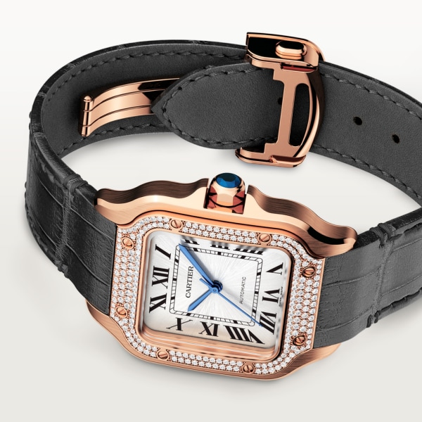 Santos de Cartier 腕錶 中型款，自動上鏈機械機芯，18K玫瑰金，鑽石，2條可更換式皮革錶帶