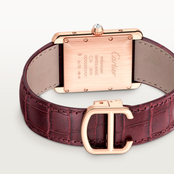 Tank Louis Cartier 腕錶 大型款，手動上鏈機械機芯，18K玫瑰金，鑽石，皮革