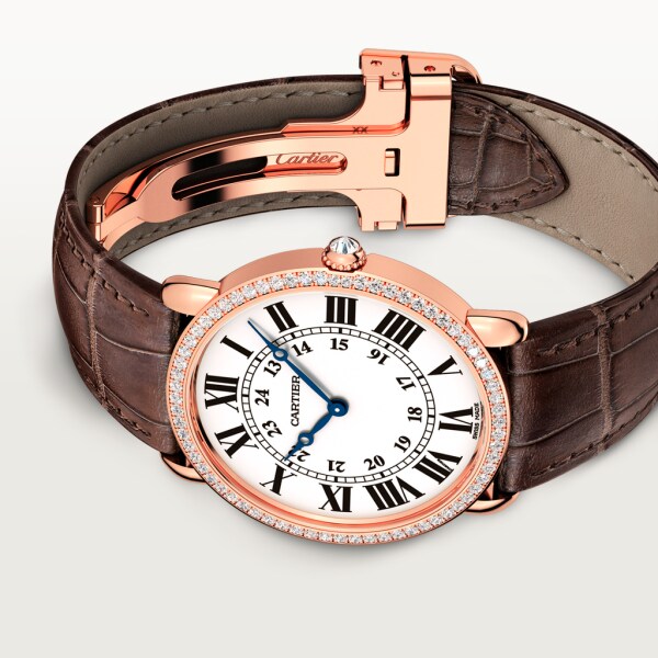Ronde Louis Cartier watch 36mm, hand-wound mechanical movement, rose gold, diamonds, leather