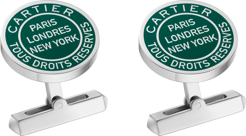 Double C de Cartier cufflinks with Stamp motif in silver and green lacquer.Sterling silver, palladium finish, green lacquer.