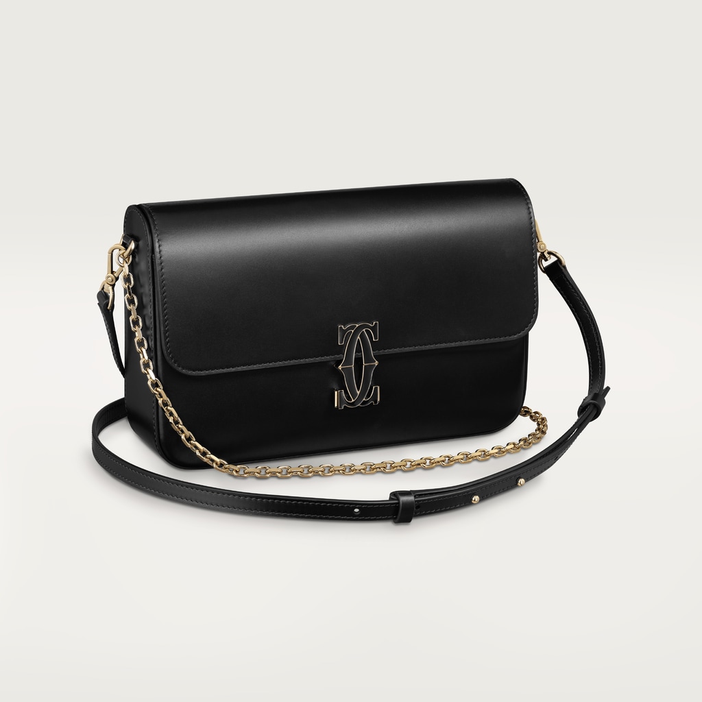 Small model chain bag, C de CartierBlack calfskin, gold and black enamel finish