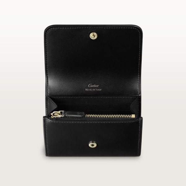 C de Cartier 銀包，迷你款 黑色小牛皮，金色及黑色琺瑯飾面