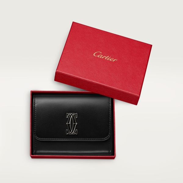 C de Cartier 銀包，迷你款 黑色小牛皮，金色及黑色琺瑯飾面