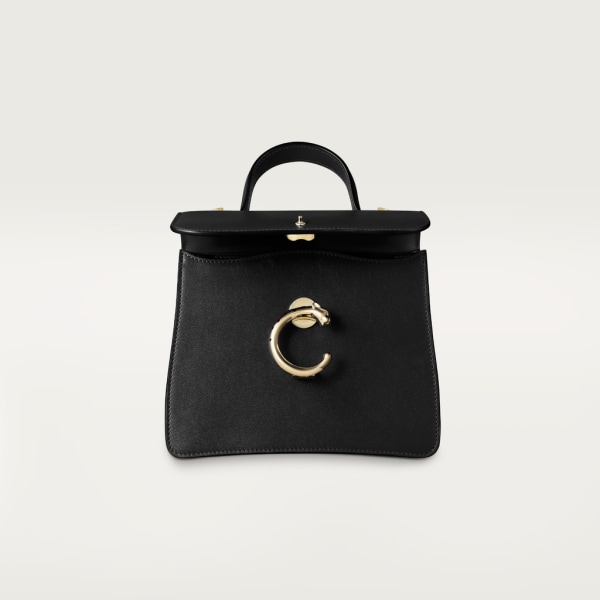 Top handle bag mini model, Panthère de Cartier Black calfskin, gold finish