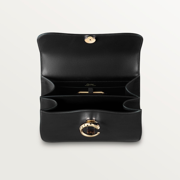 Top handle bag small model, Panthère de Cartier Black calfskin, gold finish