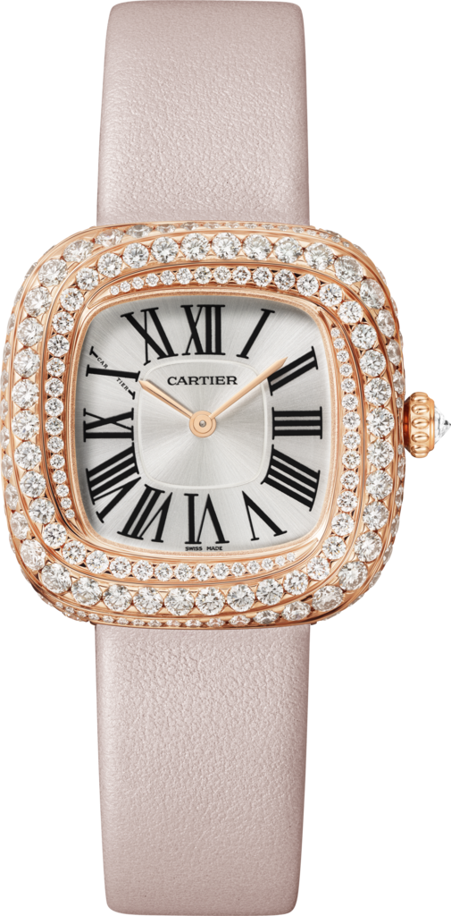 Coussin de Cartier 腕錶中型款，石英機芯，玫瑰金，鑽石，皮革