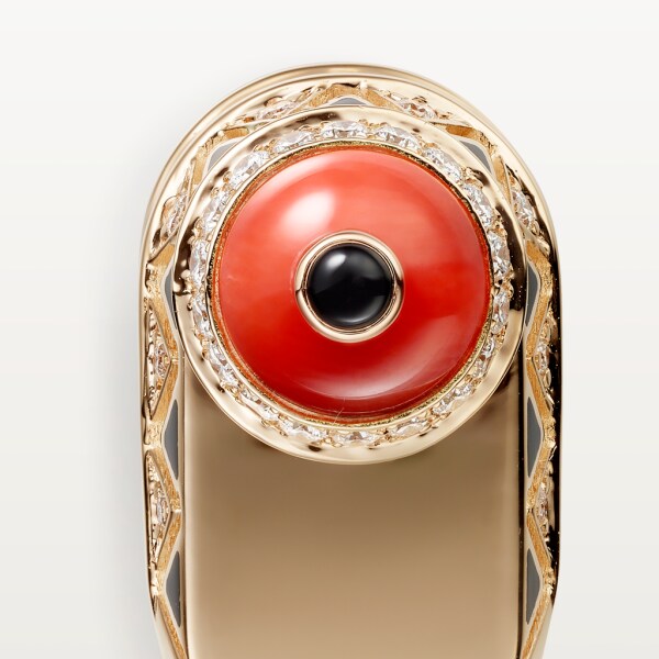 Geometry and Contrast ring Rose gold, coral, onyx, black lacquer, diamonds