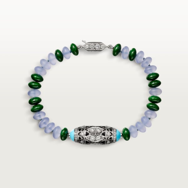 高級珠寶手鐲 18K白色黃金，玉髓，矽卡岩，綠松石，黑色亮漆，凸圓形祖母綠，鑽石