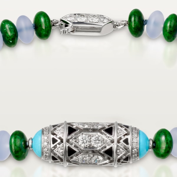 高級珠寶手鐲 18K白色黃金，玉髓，矽卡岩，綠松石，黑色亮漆，凸圓形祖母綠，鑽石
