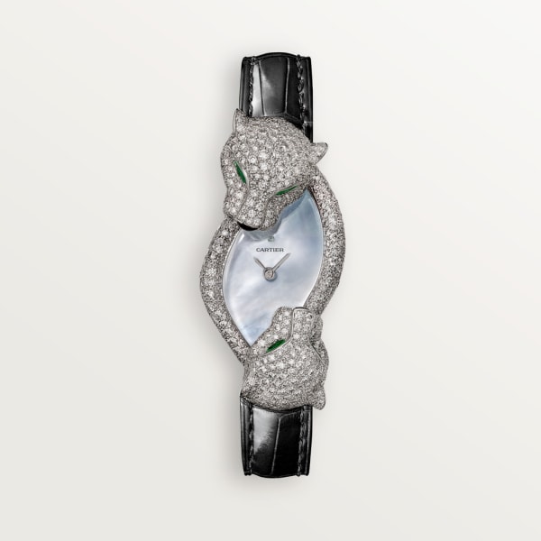 Joaillière Panthère 腕錶 白色黃金，石英，祖母綠，黑色亮漆，皮革，鑽石
