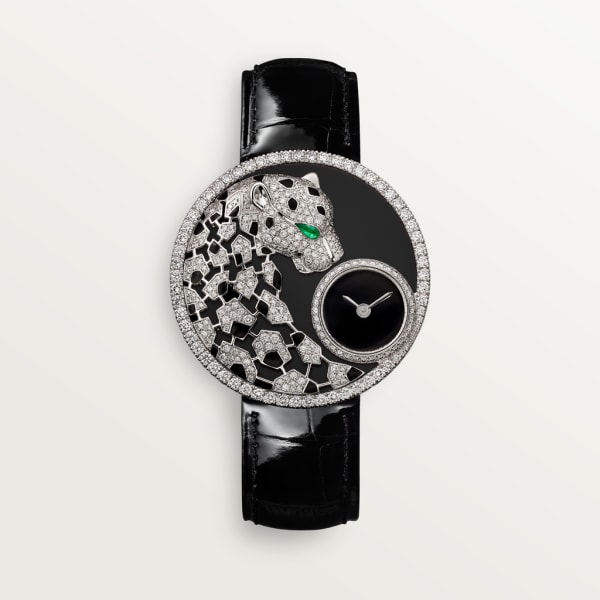 Joaillière Panthère 腕錶 36毫米，石英機芯，18K白色黃金，鑽石，祖母綠，亮漆，皮革