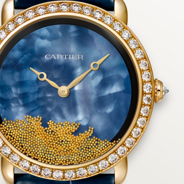 Révélation d'une Panthère watch 37 mm, manual, yellow gold, diamonds, mother-of-pearl, leather