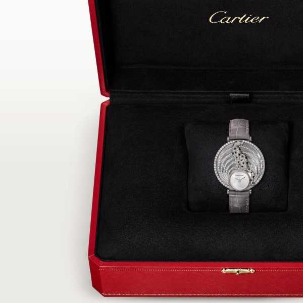 Joaillière Panthère 腕錶 35毫米，石英機芯，18K白色黃金，鑽石，皮革