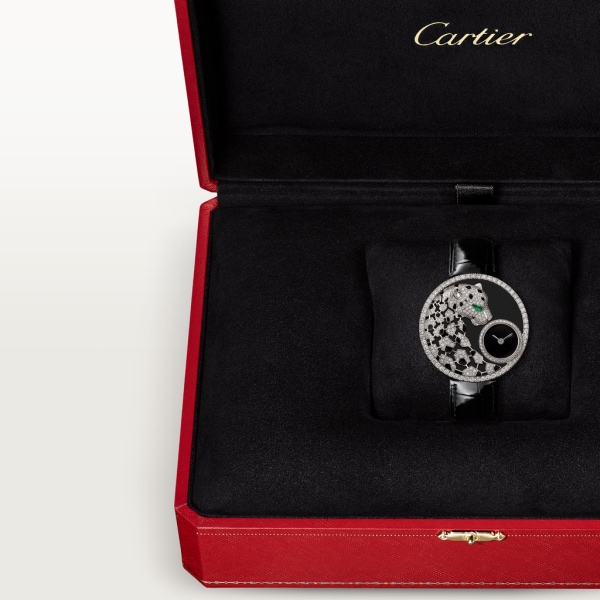 Panthère Jewellery Watches 36mm, quartz movement, white gold, diamonds, emerald, lacquer, leather
