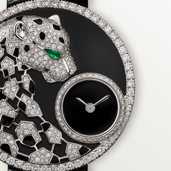 Joaillière Panthère 腕錶 36毫米，石英機芯，18K白色黃金，鑽石，祖母綠，亮漆，皮革
