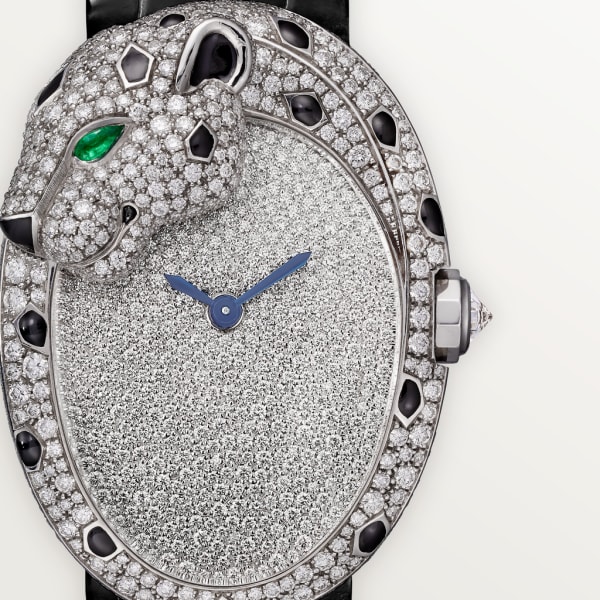 Joaillière Panthère 腕錶 大型款，自動上鏈機械機芯，白色黃金，鑽石，祖母綠，亮漆
