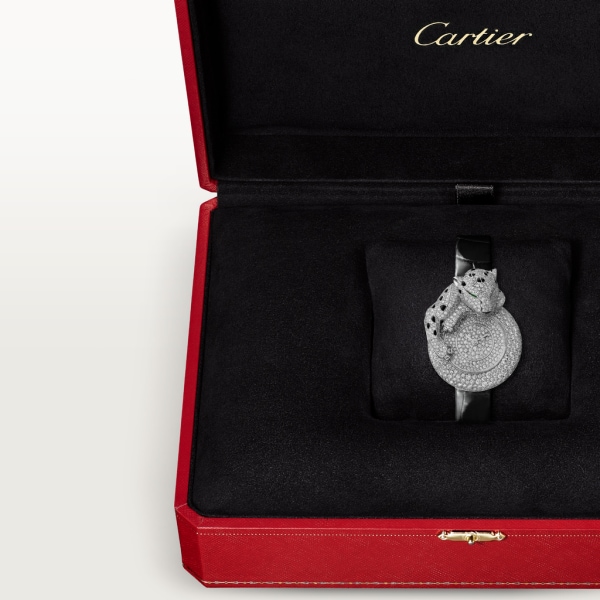 Joaillière Panthère 腕錶 28.4毫米，鍍銠飾面18K白色黃金，鑽石，皮革