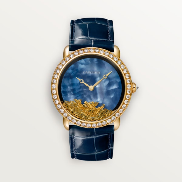 Révélation d'une Panthère watch 37 mm, manual, yellow gold, diamonds, mother-of-pearl, leather