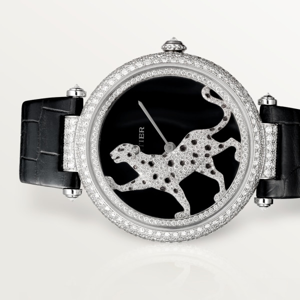 Joaillière Panthère 腕錶 42毫米，自動上鏈機械機芯，18K白色黃金，鑽石，皮革
