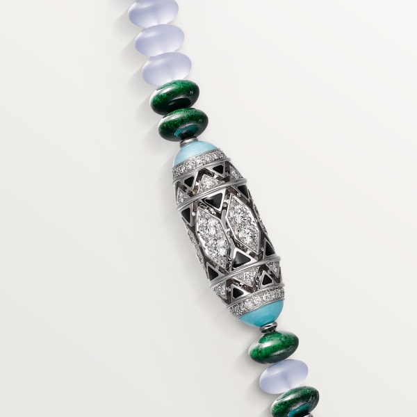 高級珠寶項鏈 18K白色黃金，玉髓，矽卡岩，綠松石，黑色亮漆，凸圓形祖母綠，鑽石