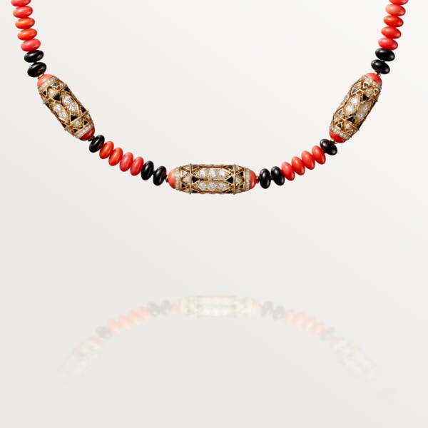 高級珠寶項鏈 18K玫瑰金，珊瑚，縞瑪瑙，黑色亮漆，鑽石
