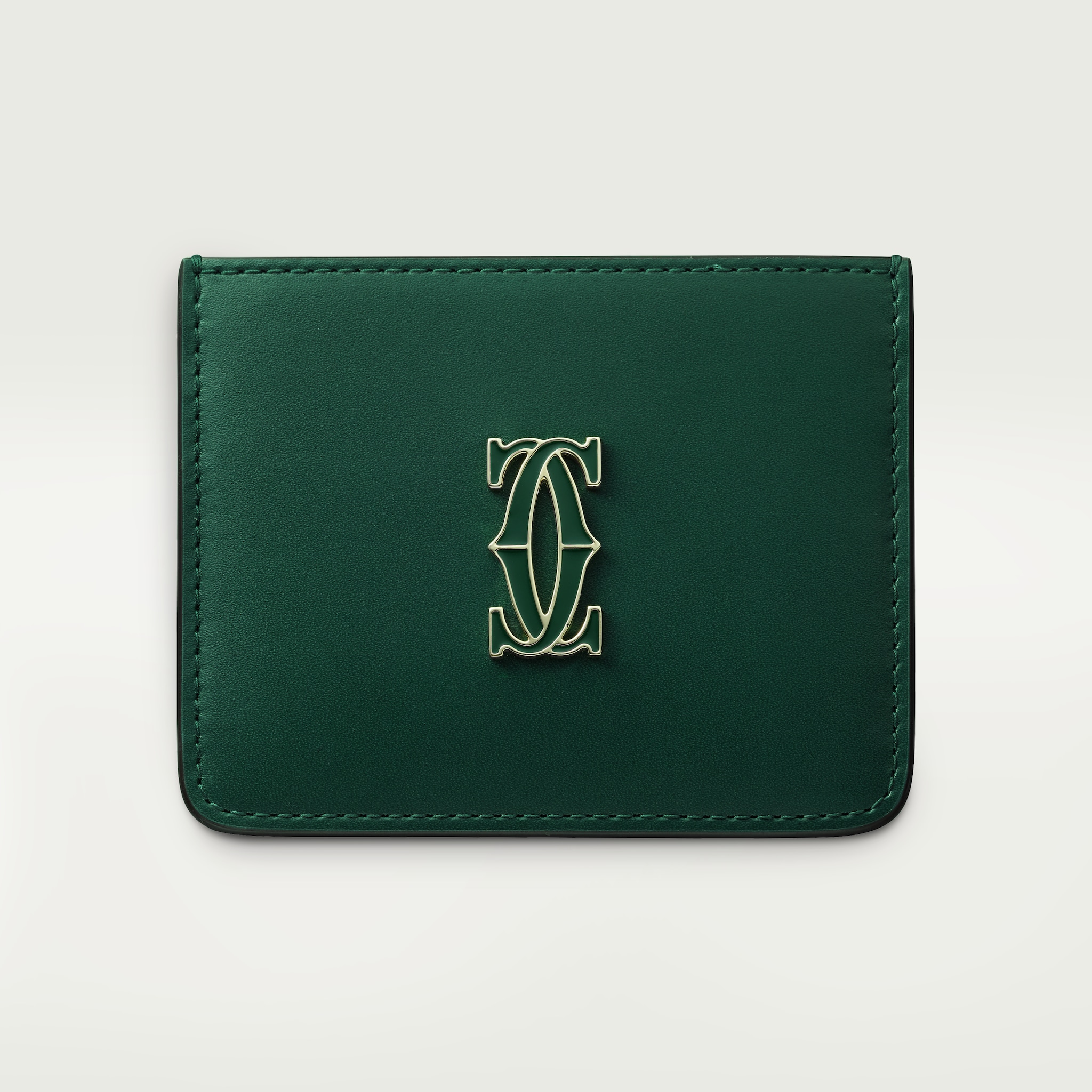 C de Cartier 卡片夾深綠色小牛皮，金色及深綠色琺瑯飾面