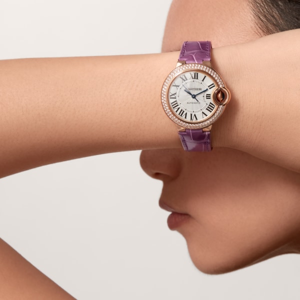 Ballon Bleu de Cartier watch 33mm, automatic movement, rose gold, diamonds, leather