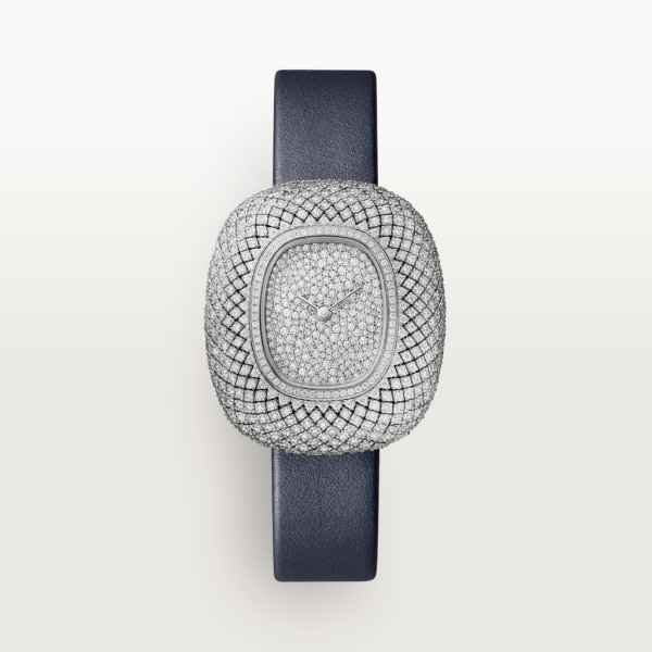 Coussin de Cartier 腕錶 中型款，石英機芯，鍍銠飾面白色黃金，鑽石，皮革