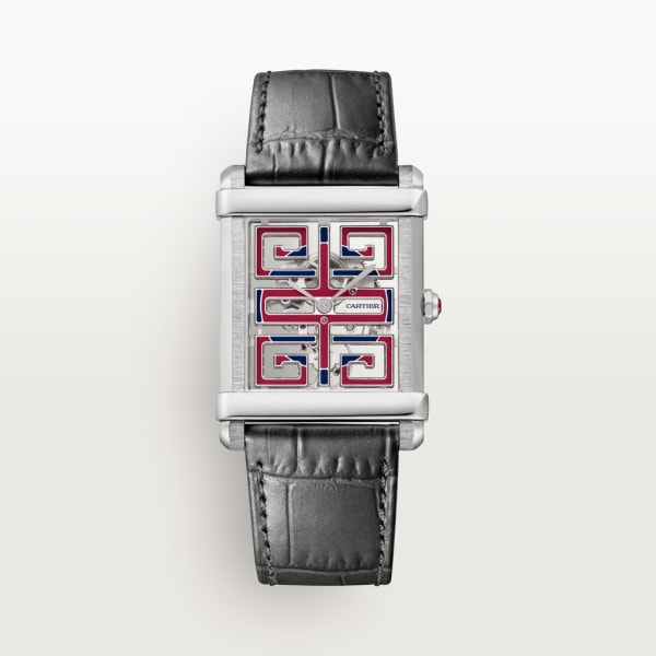 Tank Chinoise 腕錶 大型款，手動上鏈鏤空機械機芯，鉑金，皮革