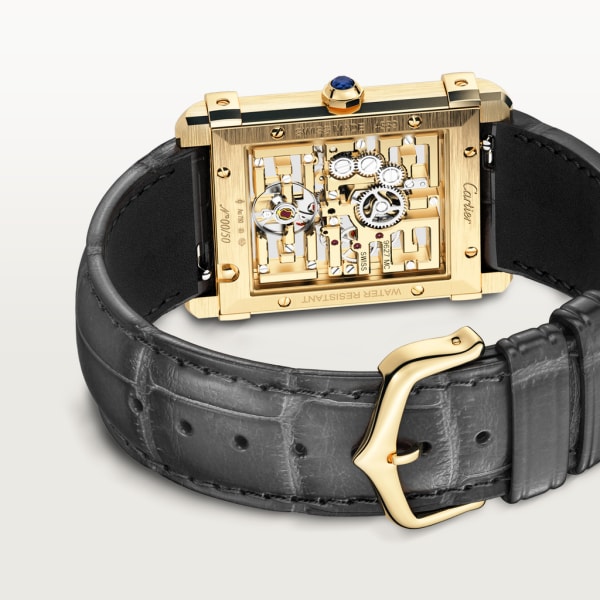 Tank Chinoise 腕錶 大型款，手動上鏈鏤空機械機芯，黃金，皮革
